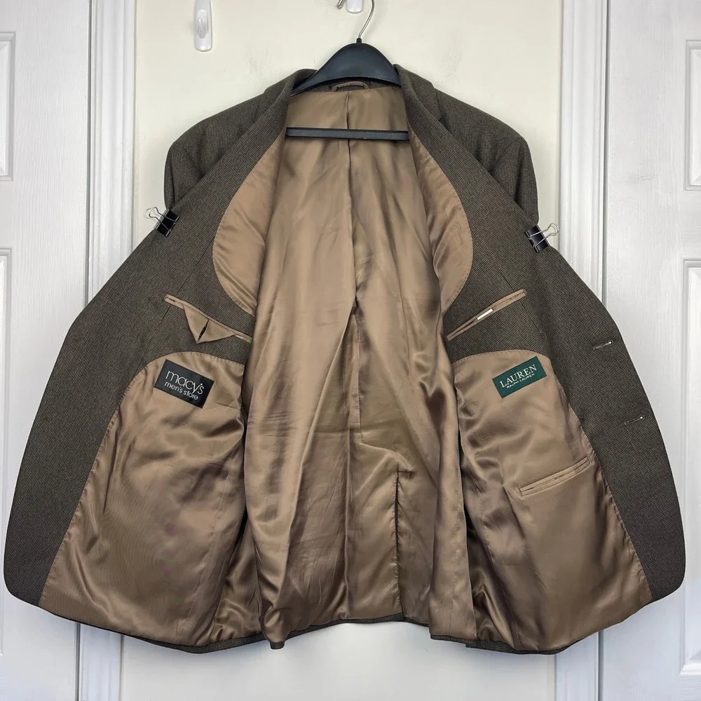 Lauren Ralph Lauren 46R Brown Micro‎ Check Blazer Viscose Sport Coat Suit Jacket